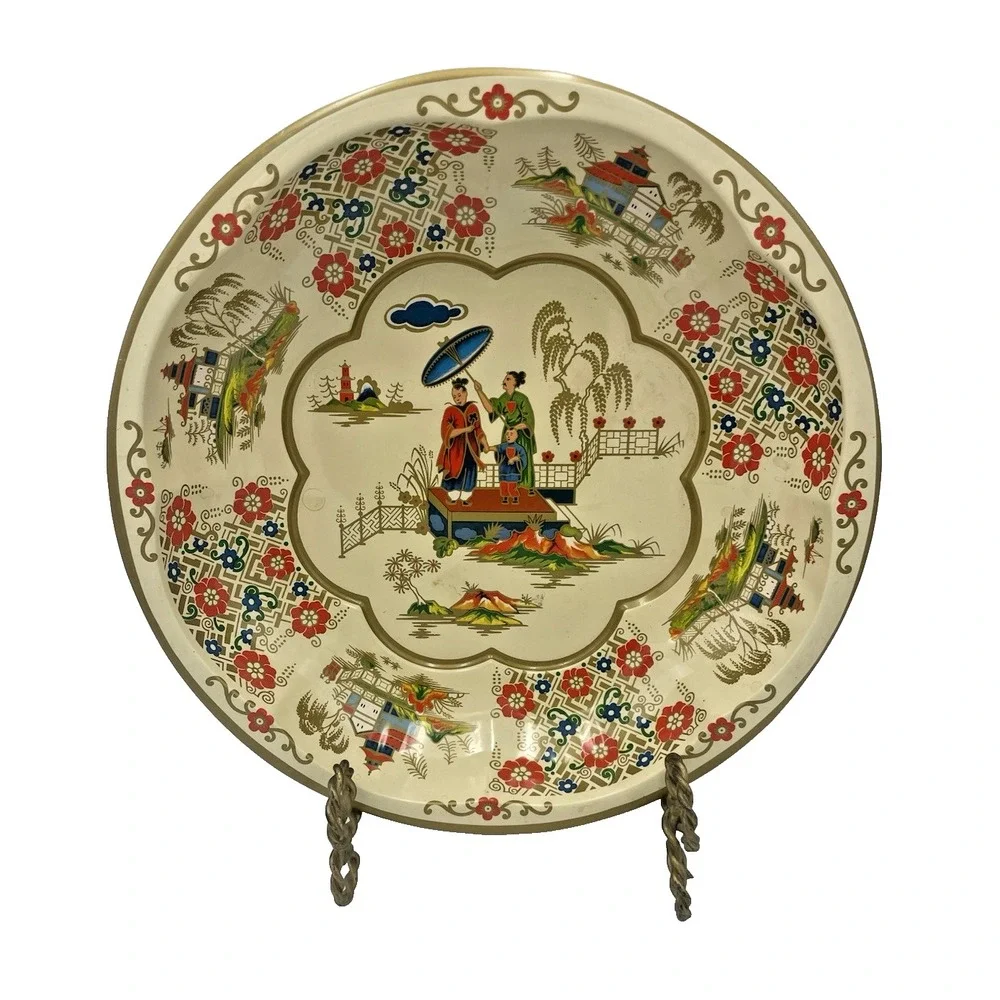 Vintage 1971 Daher Asian Ladies Decorated Metal Ware Floral Serving Bowl England
